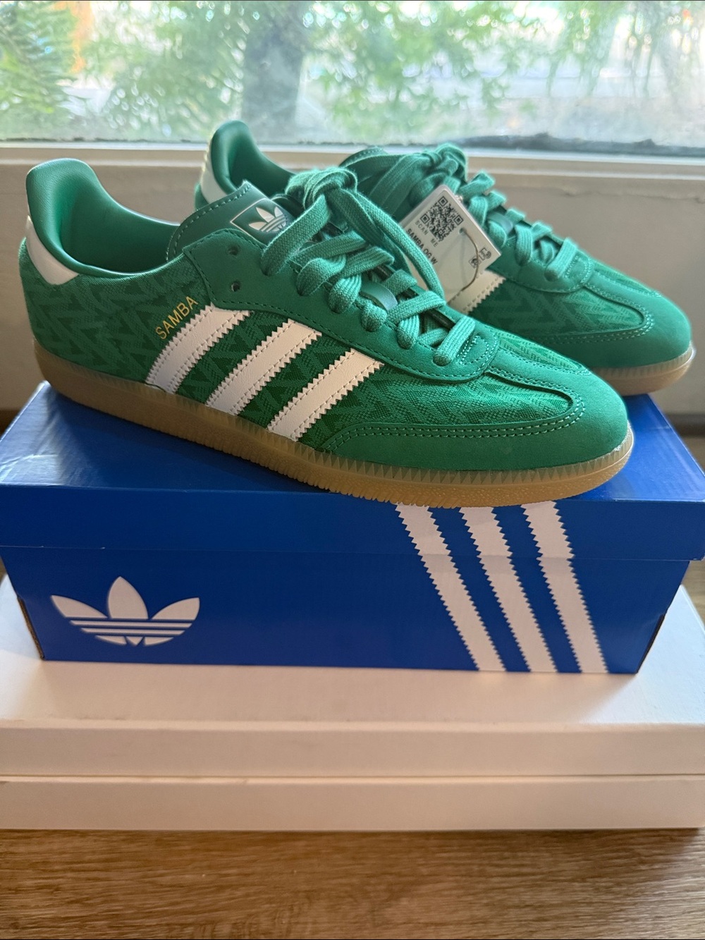 adidas Samba Sneakers in Green with White Stripes and Gum Sole